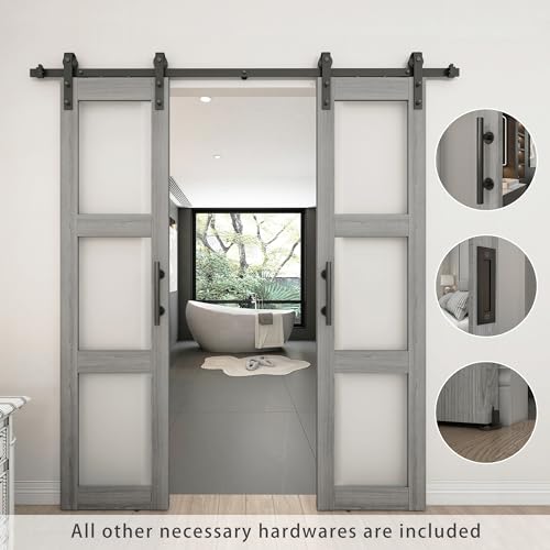 White 3-Panel Frosted Glass Solid Wood Barn Door with Sliding Door Hardware Kit Q7509