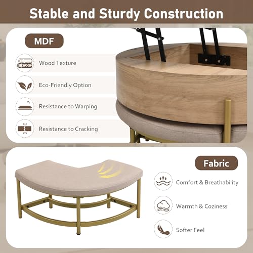 Round Lift-Top Coffee Table with Storage and 3 Ottoman V256