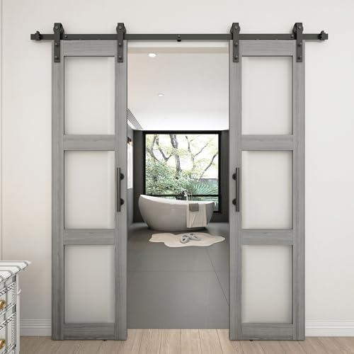 White 3-Panel Frosted Glass Solid Wood Barn Door with Sliding Door Hardware Kit Q7509