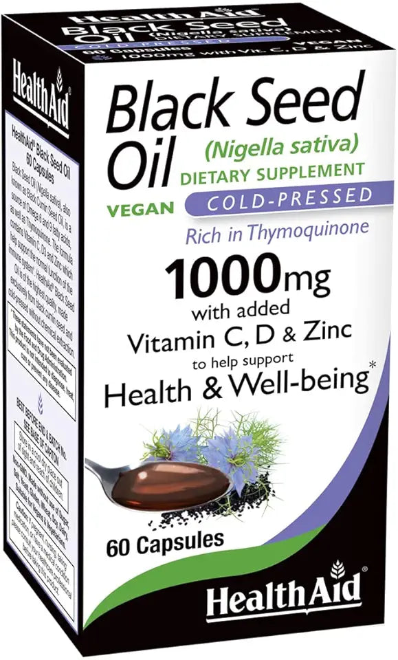 Black Seed Oil Capsules, 1000mg, 60 Count, Cold-Pressed, Vegan L7994
