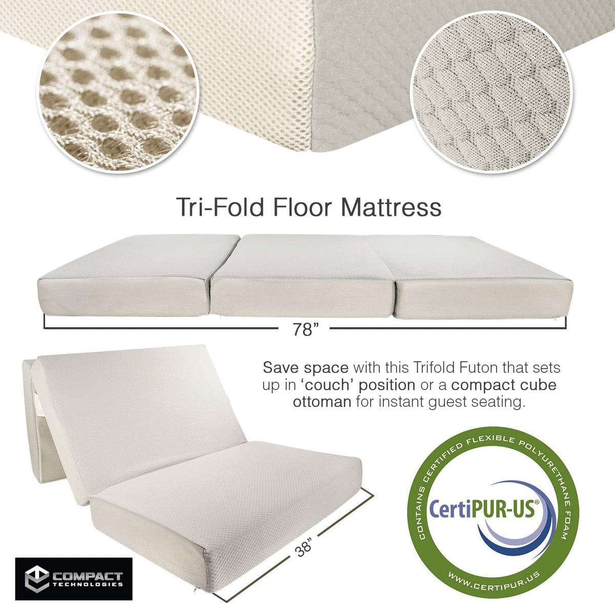 Twin Tri-Fold 6 Inch Memory Foam Mattress with Case M1877