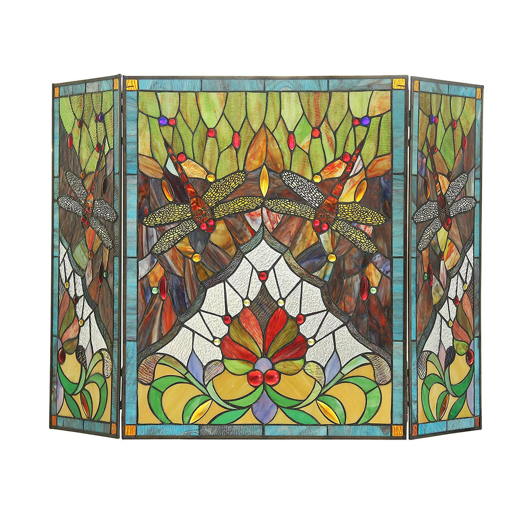 Tiffany-glass 3pcs Folding Dragonfly Fireplace Screen 44" Wide A347119