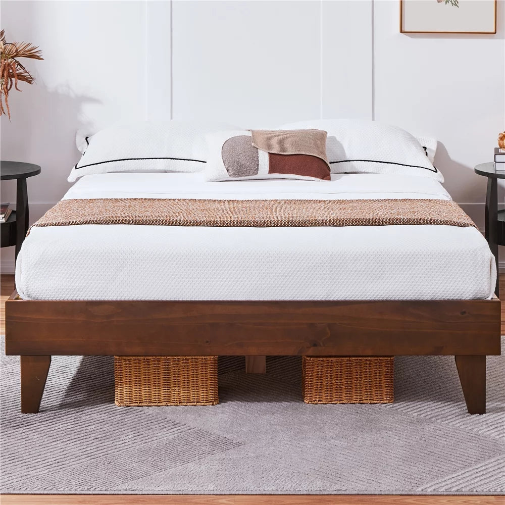 Queen Smoked Walnut Platform Bed Frame with Wood Slat Support T286