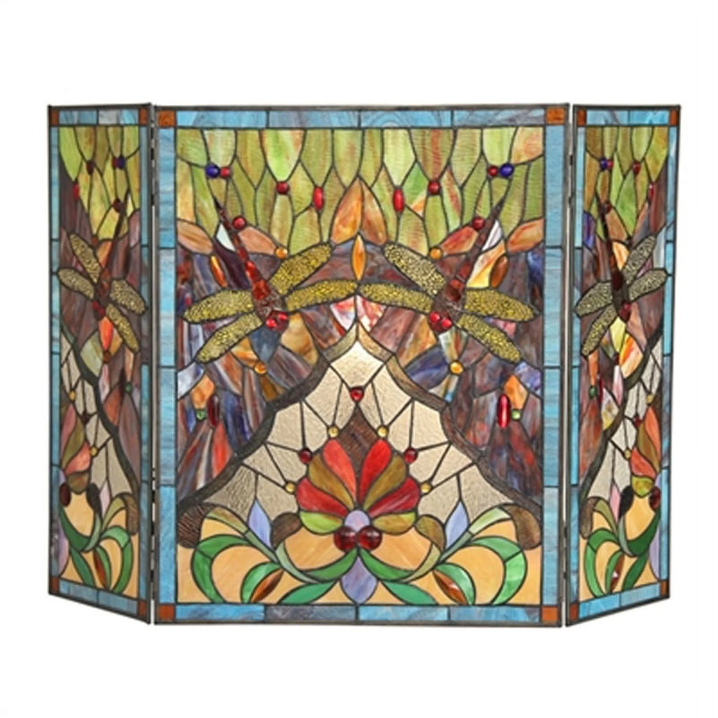 Tiffany-glass 3pcs Folding Dragonfly Fireplace Screen 44" Wide A347119