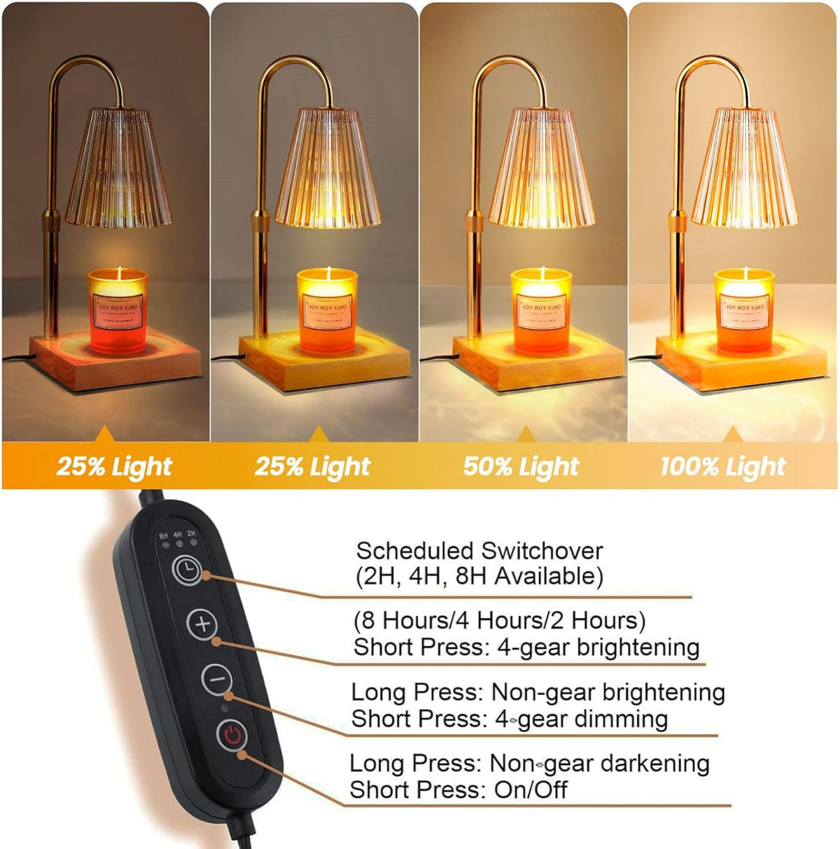 Candle Warmer Lamp Gold with 2 Bulbs & Timer, Height Adjustable Candle Melting Lamp Z638