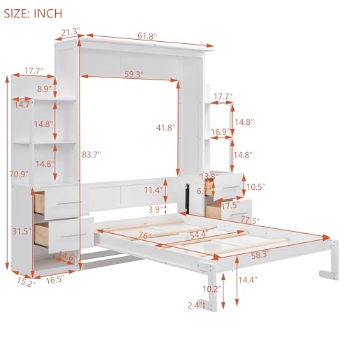 White Full Size Wood Murphy Bed with Shelves and LED Lights Z729777