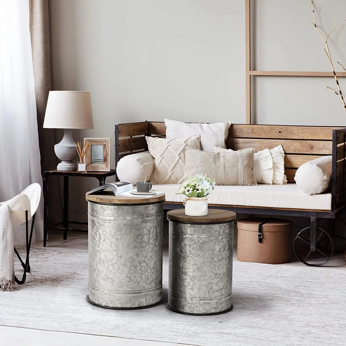 Rustic Storage Bins End Table Galvanized Metal Stool Ottoman Seat with Round Wood Lid Set of 2 Z7178