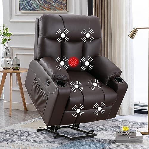 Brown Faux Leather Oversized Power Lift Recliner Chair with Heated and Massage N1816