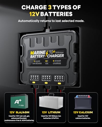 2 Bank Marine Battery Charger, 10A, 12V, Waterproof, Lithium, AGM, Deep-Cycle U2086