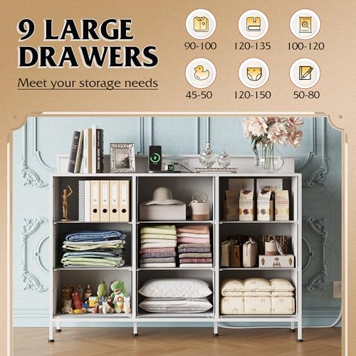 Black 9 Drawer Fabric Dresser with LED Lights and Charging Station G297