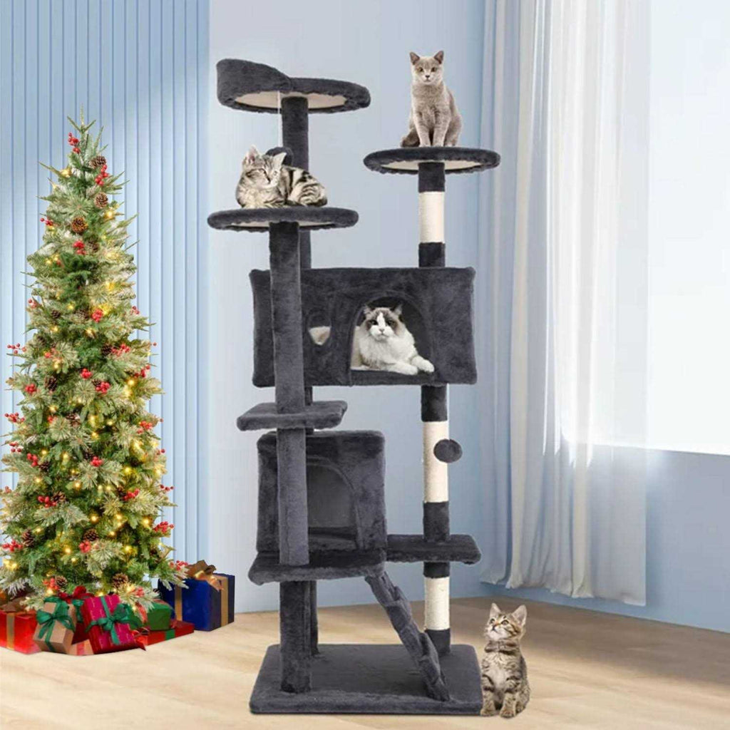 54-in Double Condo Cat Tree Tower Playhouse with Scratching Post & Perch F41159