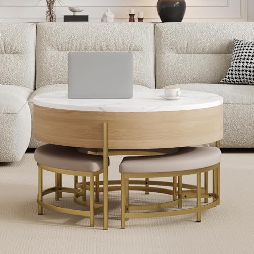 Round Lift-Top Coffee Table with Storage and 3 Ottoman V256