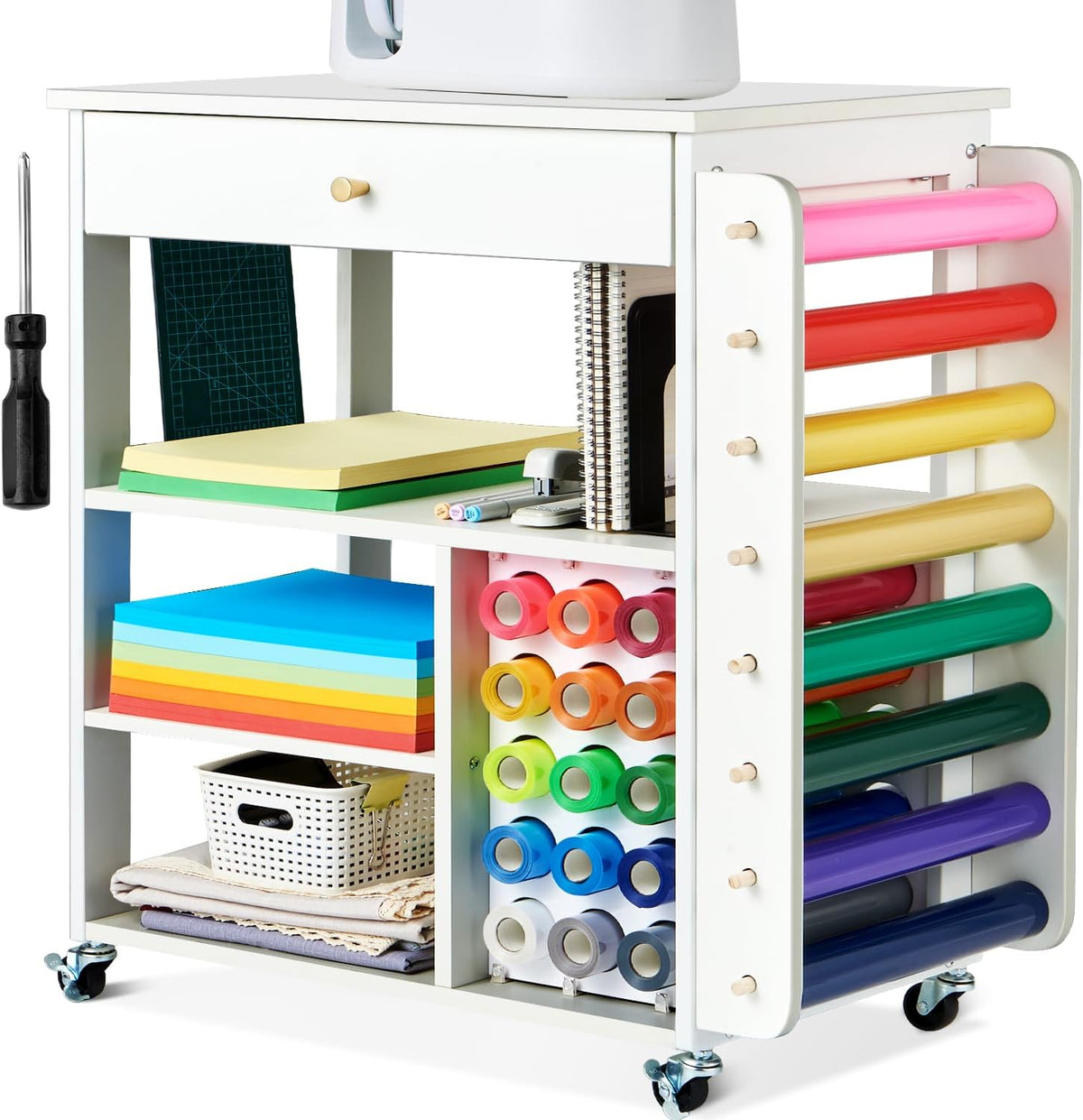 Mobile Craft Storage with 23 Vinyl Roll Holder, Craft Table Stand with Wheels, Crafting Cabinet with Large Drawers O40703