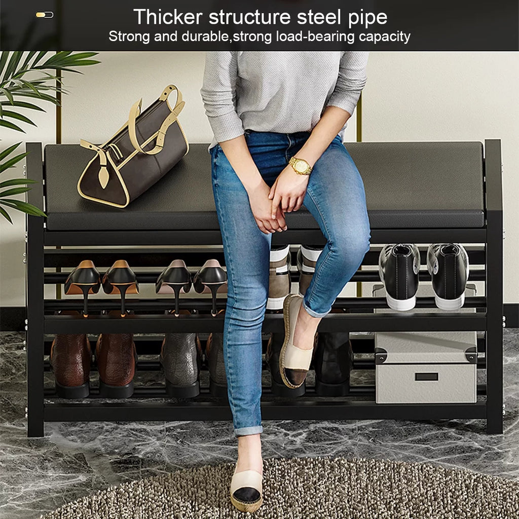 2-Tier Gray Shoe Rack Bench with Vegan Leather Seat K59660
