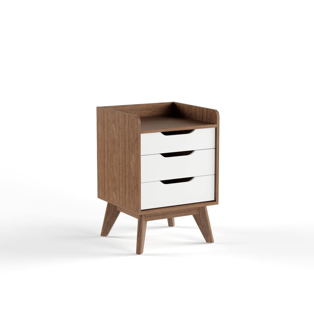 White and Walnut 3-Drawer Nightstand Q632