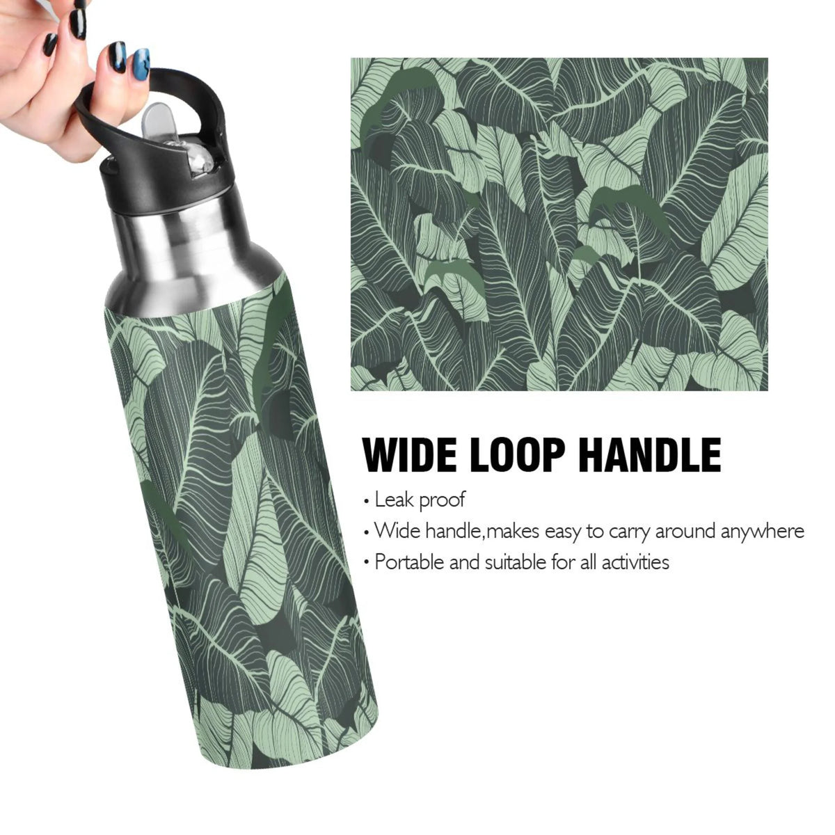 Tropical Green Leaves Stainless Steel Insulated Water Bottle with Straw Lid I5372