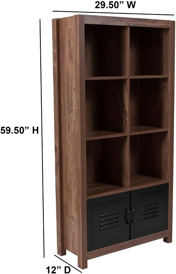 6 Cube Storage Organizer Bookcase with Metal Cabinet Doors in Crosscut Oak Wood Grain Finish Q848