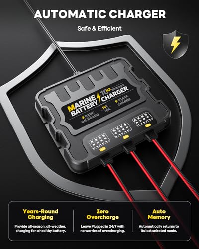 2 Bank Marine Battery Charger, 10A, 12V, Waterproof, Lithium, AGM, Deep-Cycle U2086