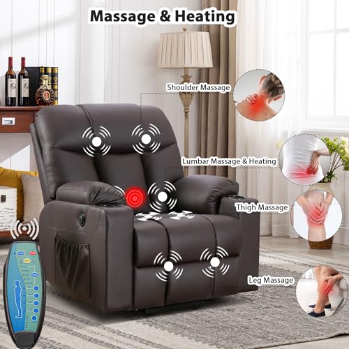 Brown Faux Leather Oversized Power Lift Recliner Chair with Heated and Massage N1816