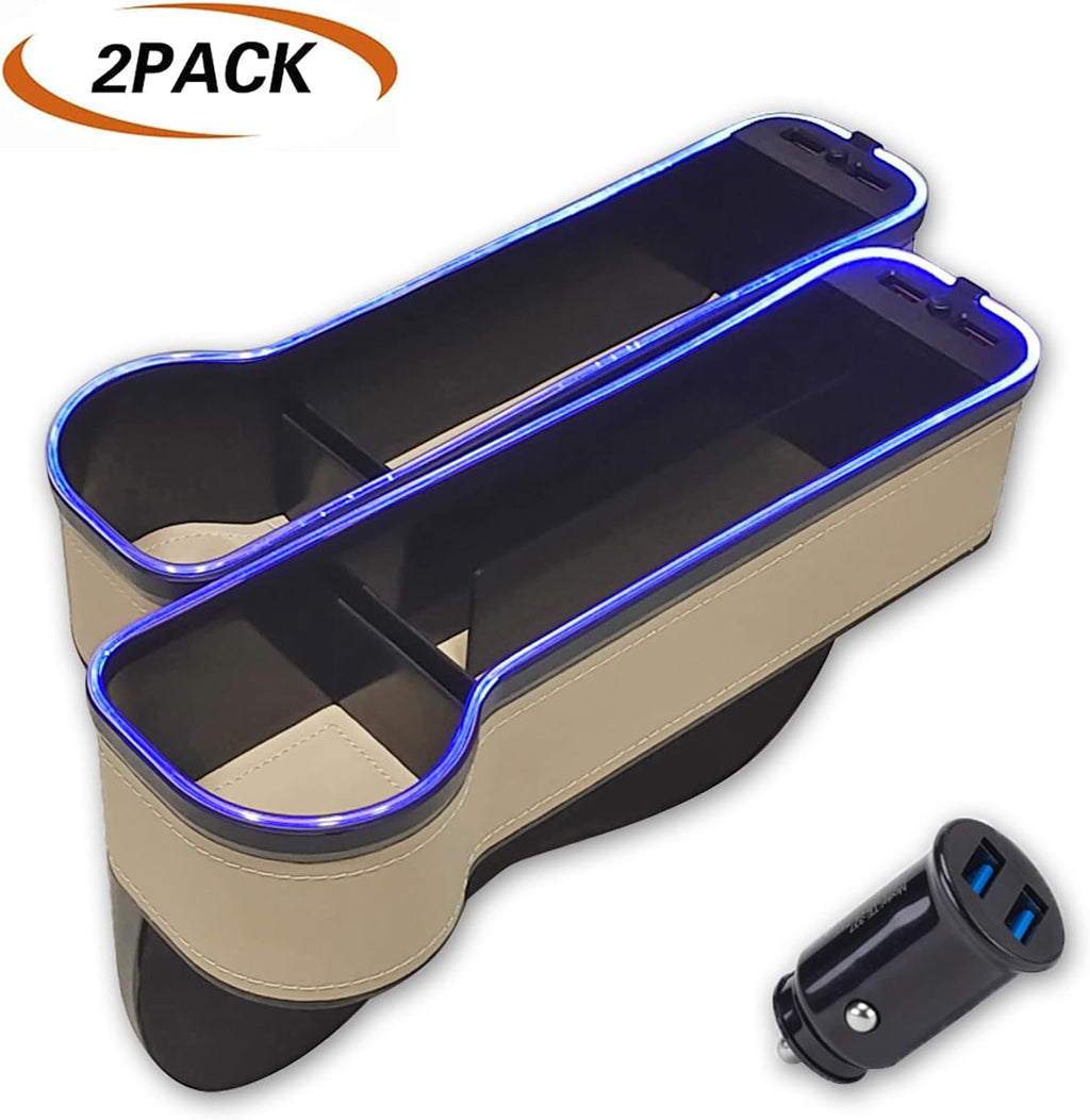 2 Pack Car Cup Holder Seat Organizer with LED Light Bar, Brown G2456
