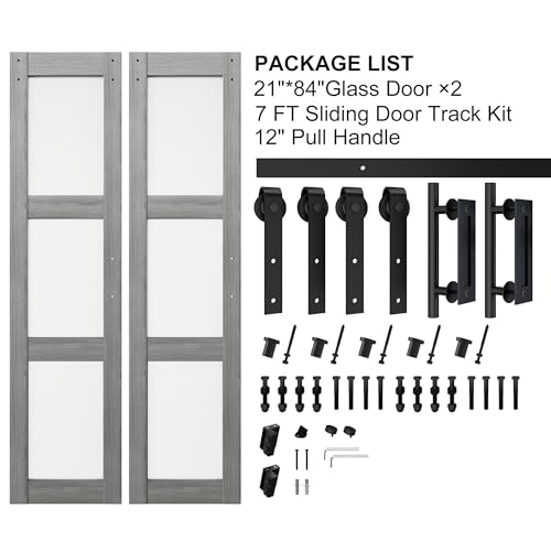 White 3-Panel Frosted Glass Solid Wood Barn Door with Sliding Door Hardware Kit Q7509