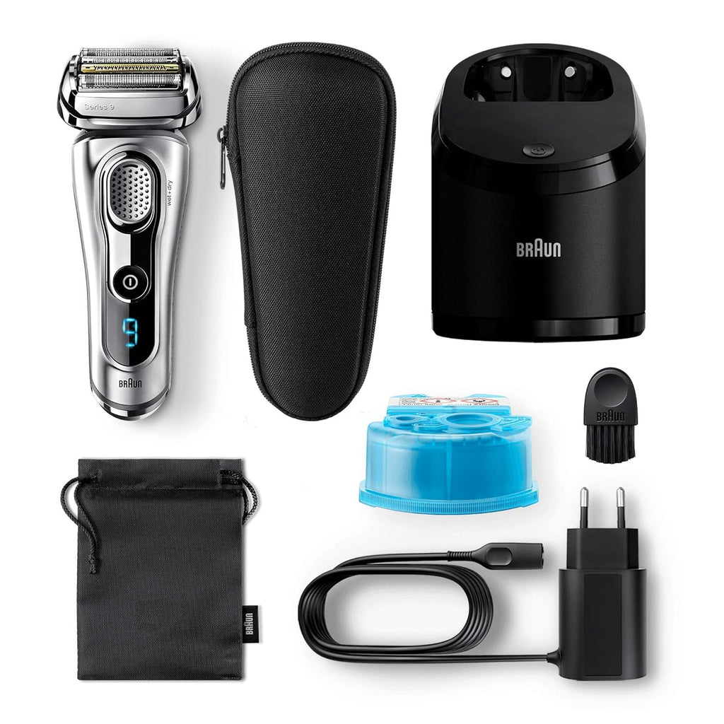Silver Electric Shaver, Wet and Dry, Rechargeable Cordless Razor with Clean & Charge Station and Travel Case V622094