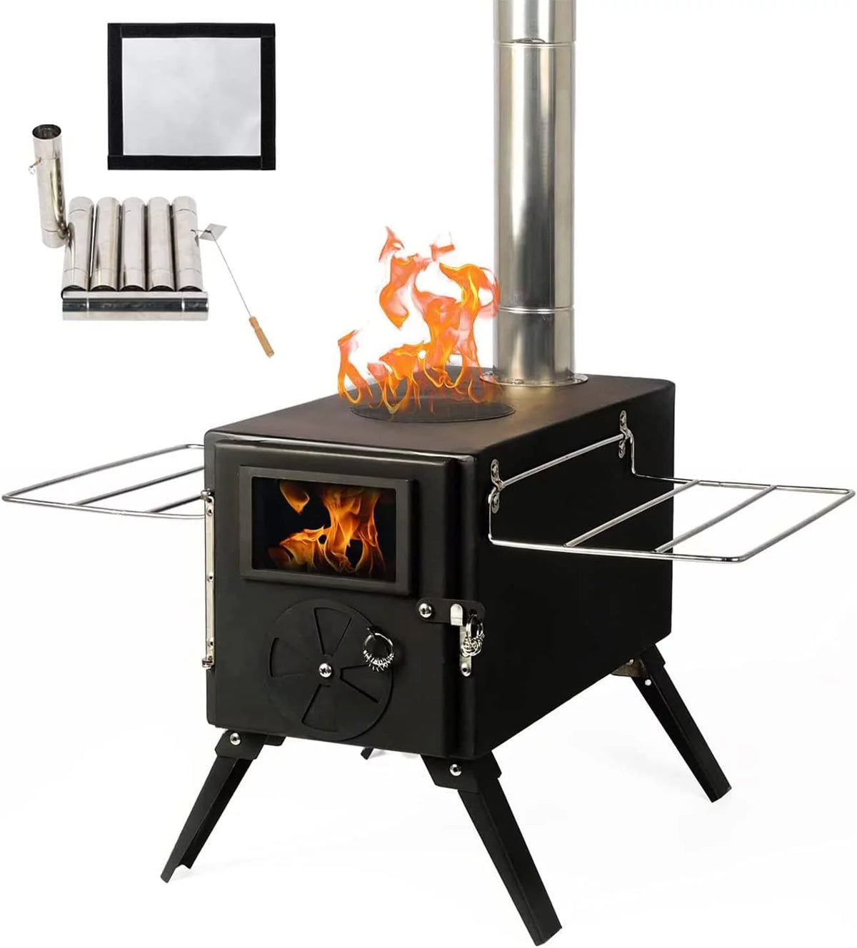 Black Portable Steel Camping Stove with Pipe Y276976