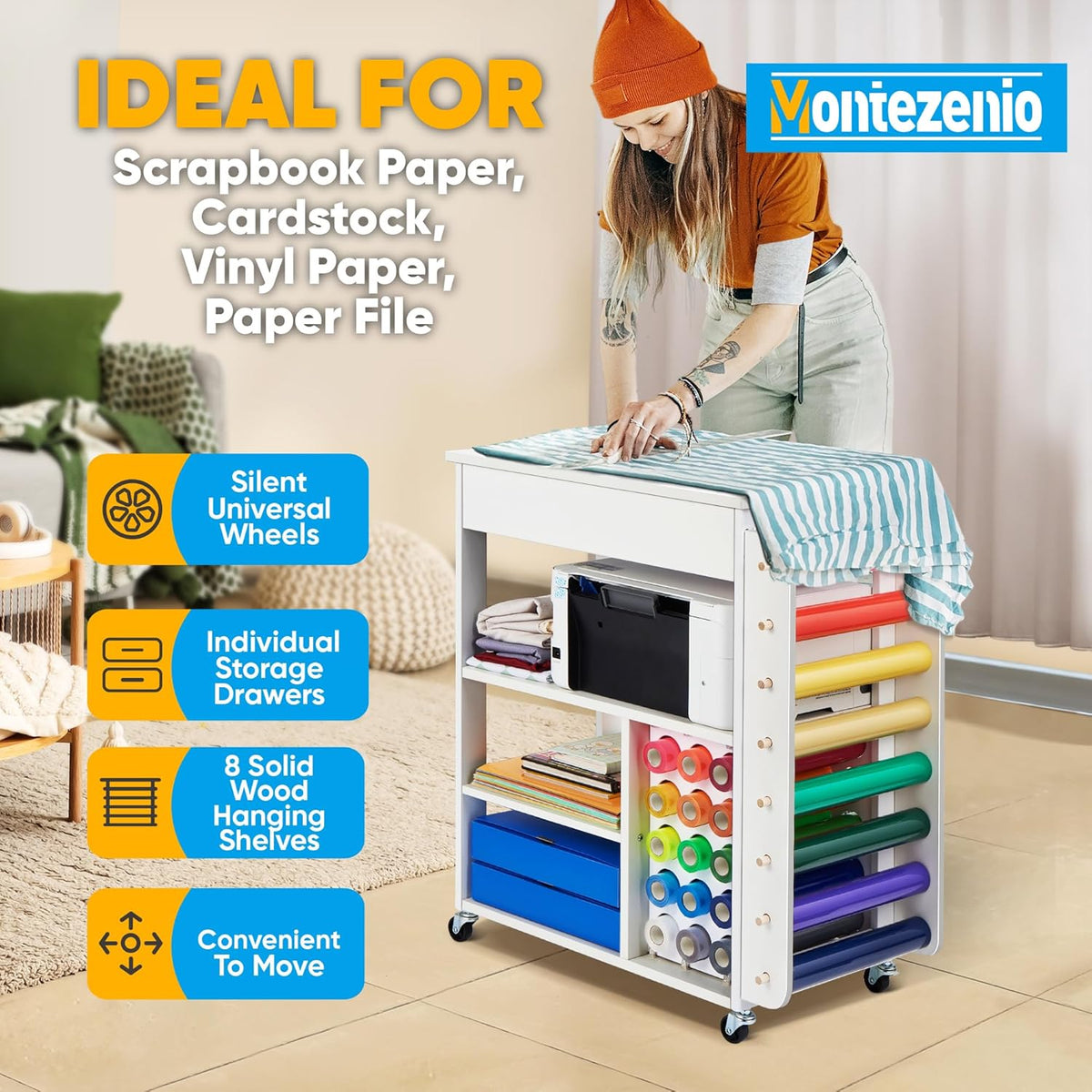 Mobile Craft Storage with 23 Vinyl Roll Holder, Craft Table Stand with Wheels, Crafting Cabinet with Large Drawers O40703
