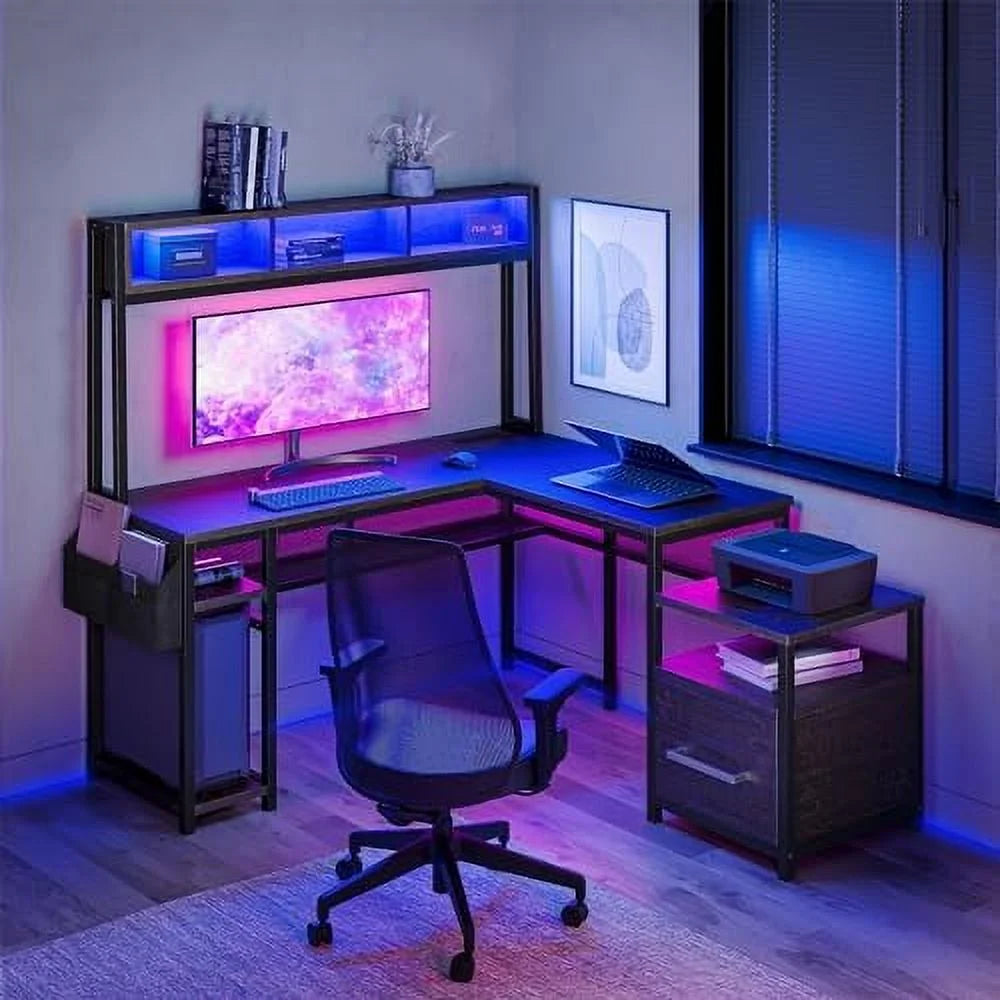 Computer Desk with Monitor Stand and File Cabinet, 104" Long L-Shaped Desk with RGB LED Lights and USB AC Outlet W802