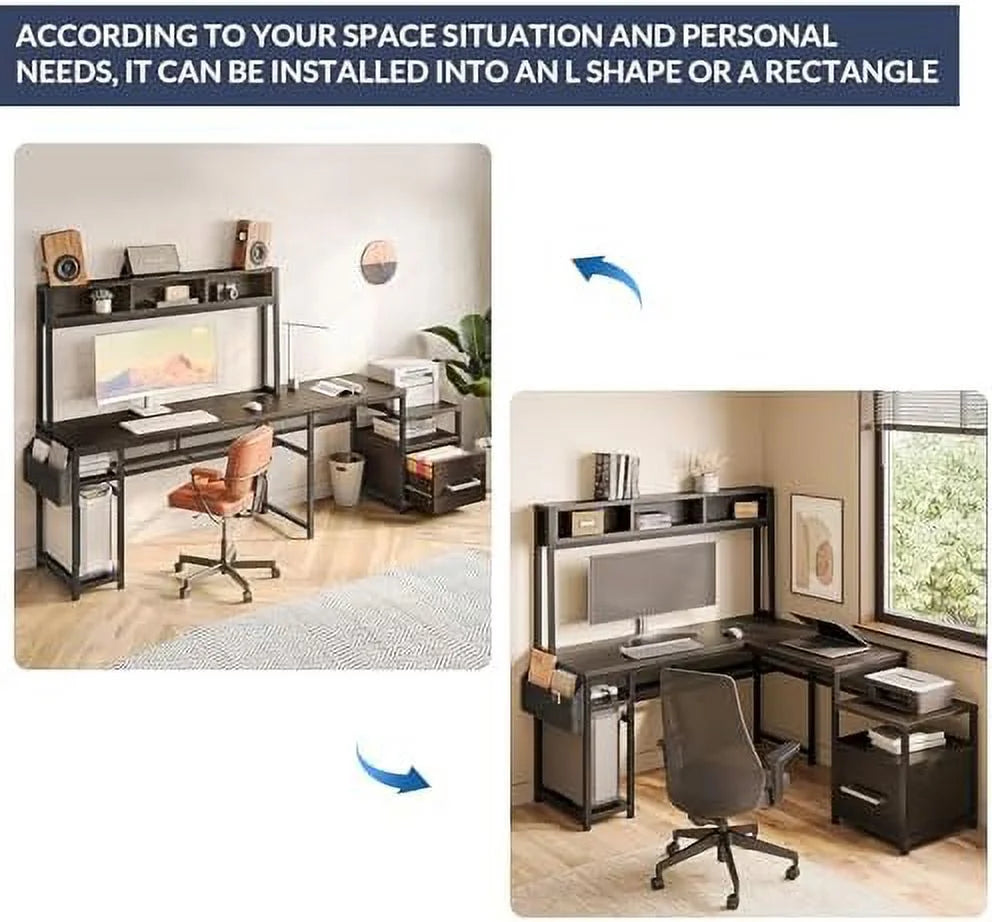 Computer Desk with Monitor Stand and File Cabinet, 104" Long L-Shaped Desk with RGB LED Lights and USB AC Outlet W802