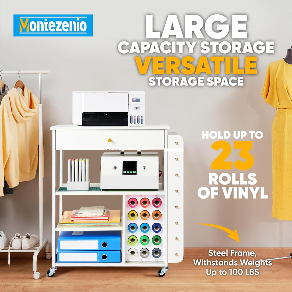 Mobile Craft Storage with 23 Vinyl Roll Holder, Craft Table Stand with Wheels, Crafting Cabinet with Large Drawers O40703