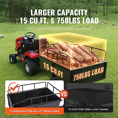 Heavy Duty Steel ATV Dump Cart, 750 lbs, 15 Cubic Feet Garden Utility with Removable Sides Y762269
