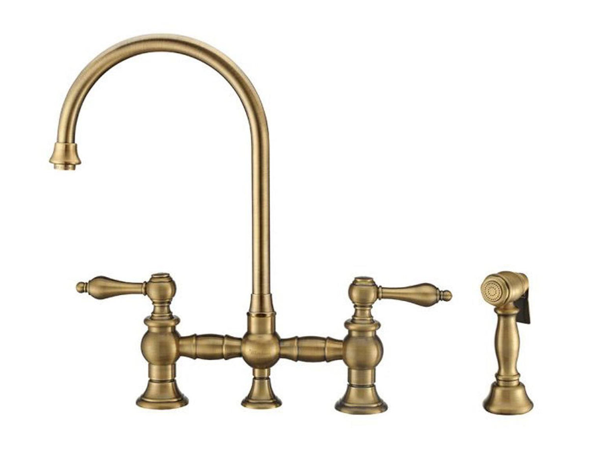 Bridge Faucet with Long Gooseneck Swivel Spout, Lever Handles and Solid Brass Side Spray E2562