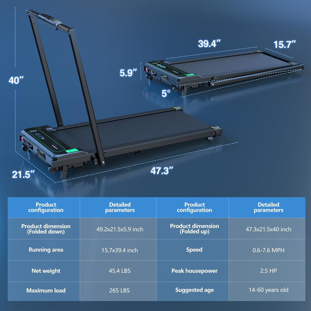 Walking Pad Under Desk Treadmill 2 in 1 Folding Treadmill with Remote Control LED Display H296