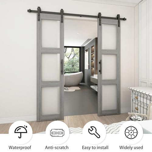 White 3-Panel Frosted Glass Solid Wood Barn Door with Sliding Door Hardware Kit Q7509