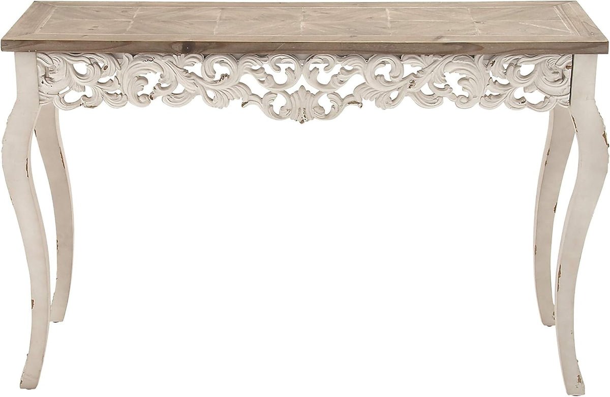 Natural & White Wood Console Table with Wood Carvings O6886