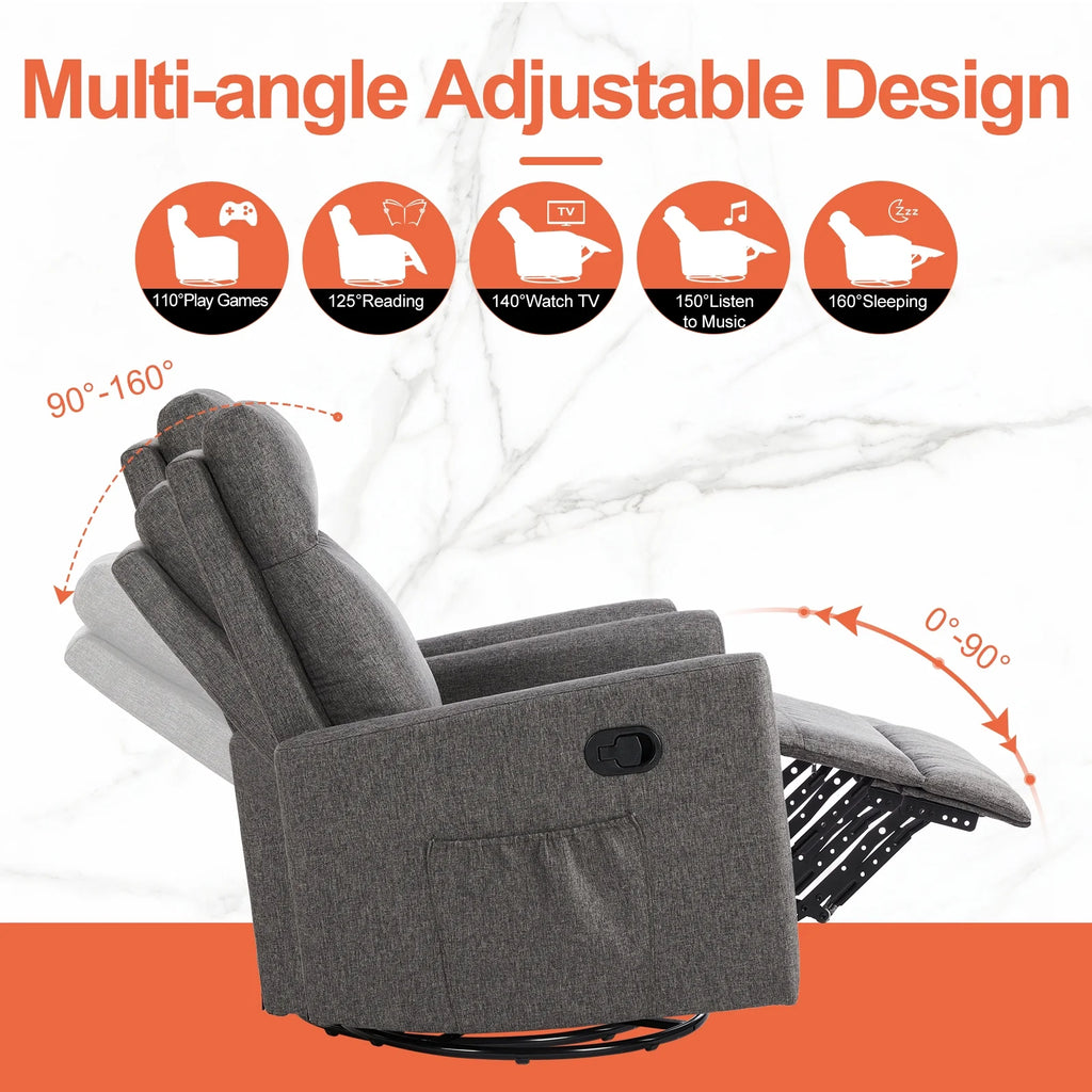 Grey Swivel Glider Rocker Recliner Chair with Adjustable Backrest and Footrest B652132