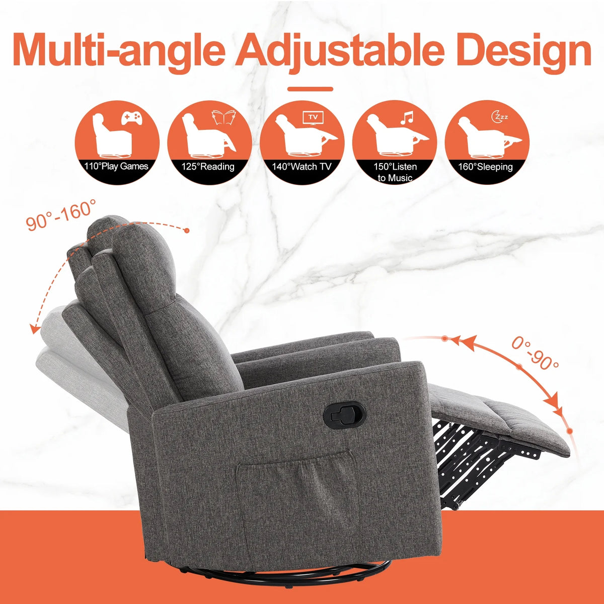 Grey Swivel Glider Rocker Recliner Chair with Adjustable Backrest and Footrest B652132