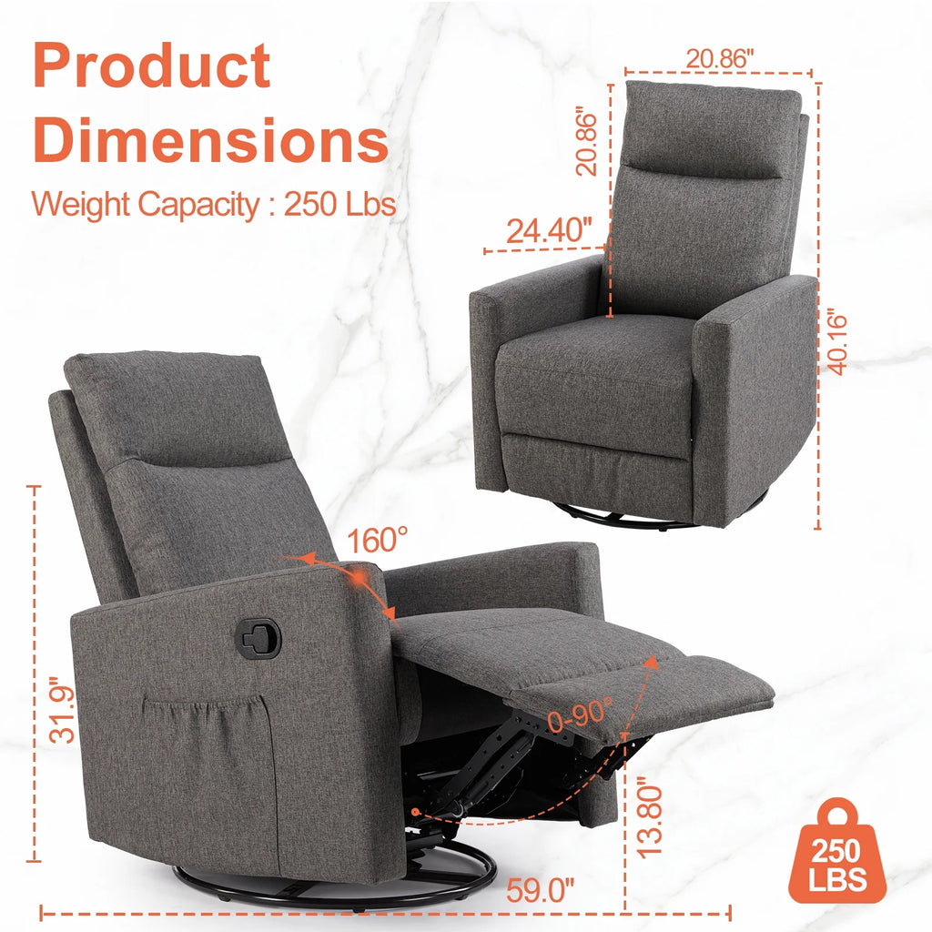 Grey Swivel Glider Rocker Recliner Chair with Adjustable Backrest and Footrest B652132
