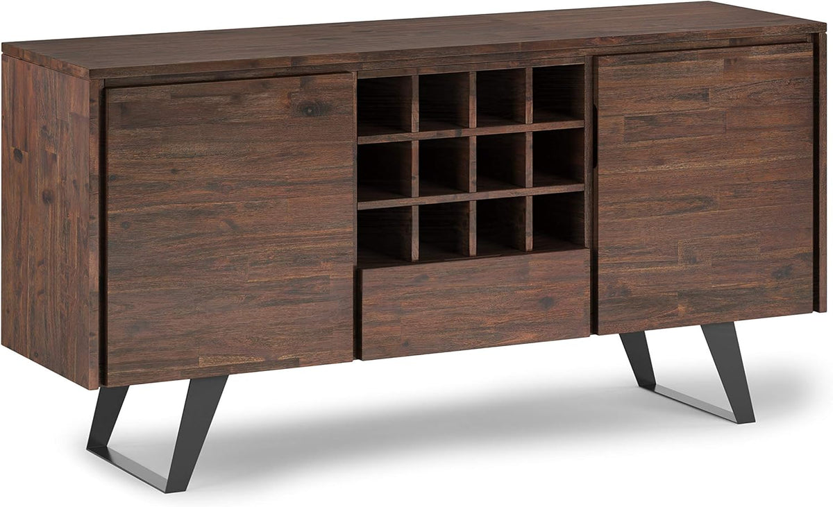 Rustic Natural Aged Brown Solid Acacia Wood and Metal Rectangle Sideboard Buffet with Storage Compartment and 3 Drawers G582