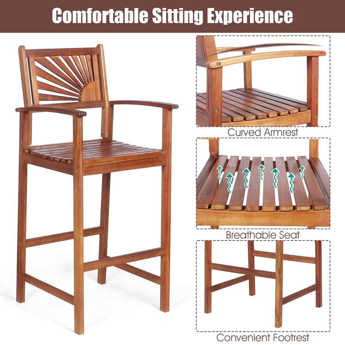 Set of 2 Acacia Wood Bar Stools with Armrests Y825