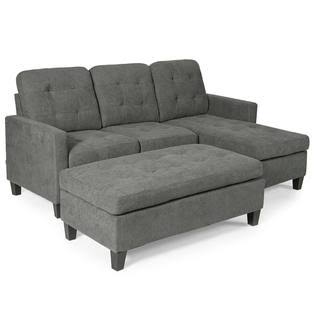 Grey Linen Reversible Sectional Sofa Couch with Ottoman V7162