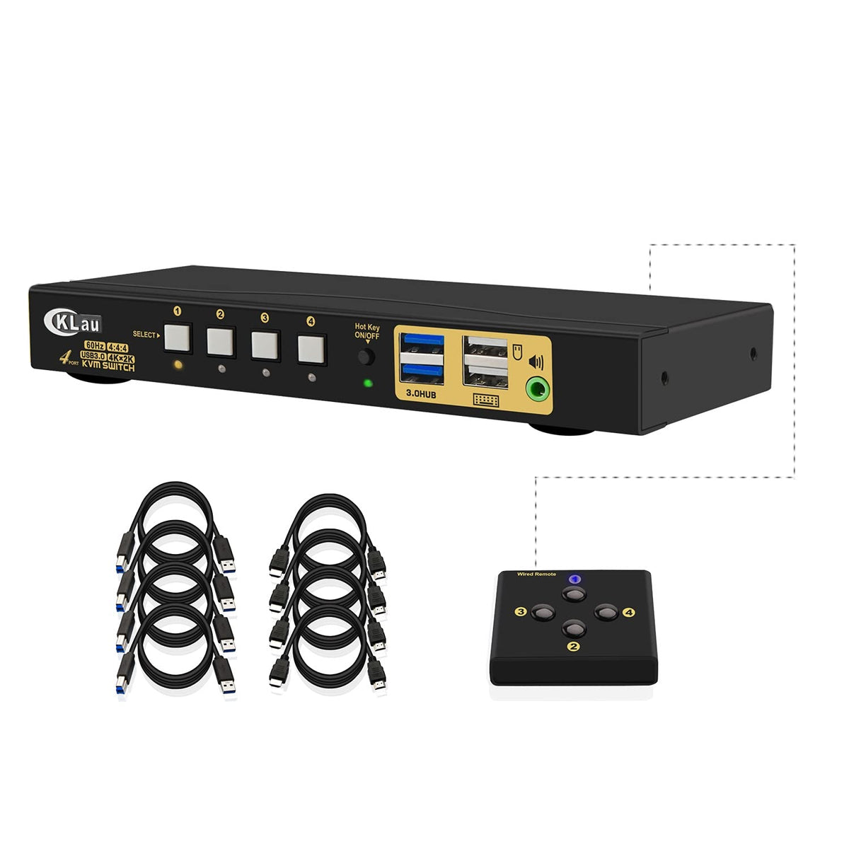 HDMI KVM Switch 4 Port with Cables, 2 pcs USB 3.0 Hub and Audio Output A62327