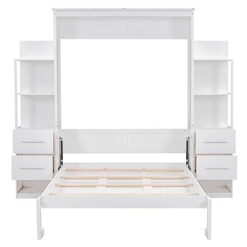 White Full Size Wood Murphy Bed with Shelves and LED Lights Z729777