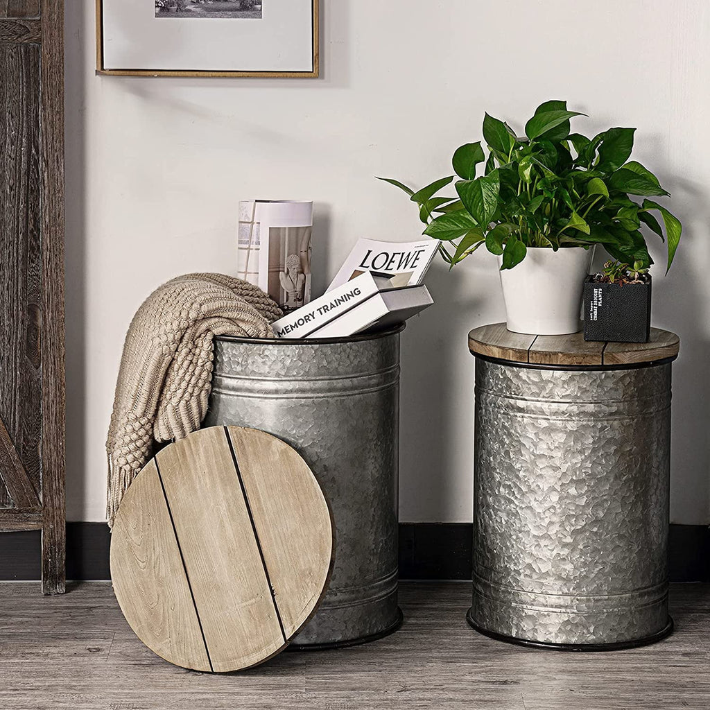 Rustic Storage Bins End Table Galvanized Metal Stool Ottoman Seat with Round Wood Lid Set of 2 Z7178