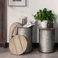Rustic Storage Bins End Table Galvanized Metal Stool Ottoman Seat with Round Wood Lid Set of 2 Z7178