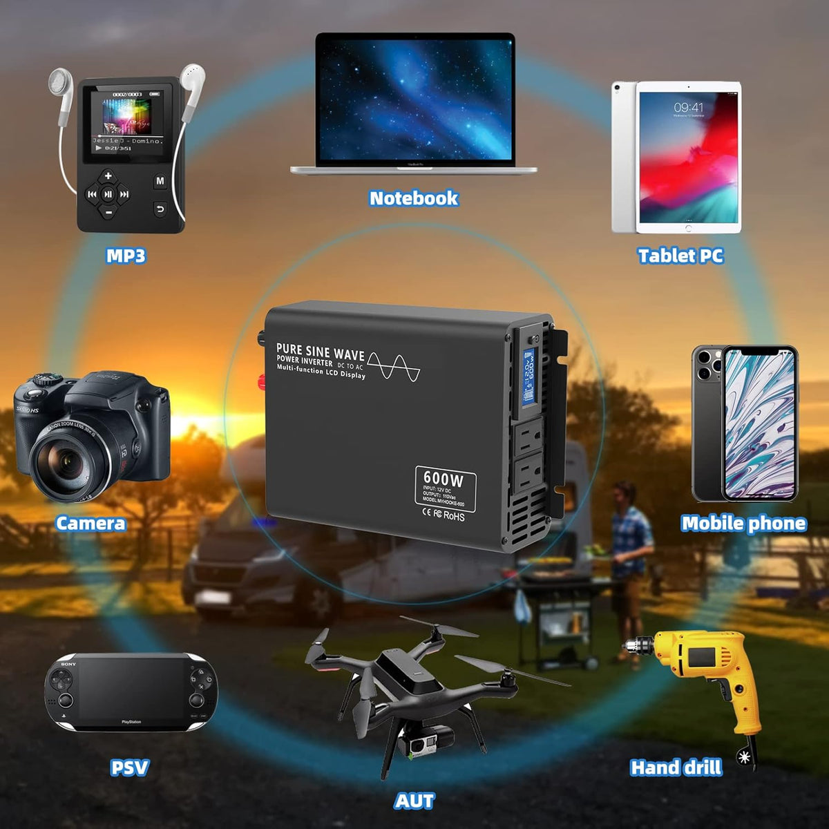 600W Pure Sine Wave Power Inverter DC 12V to AC 110V-130V with LCD Display and Wireless Remote Control W4694