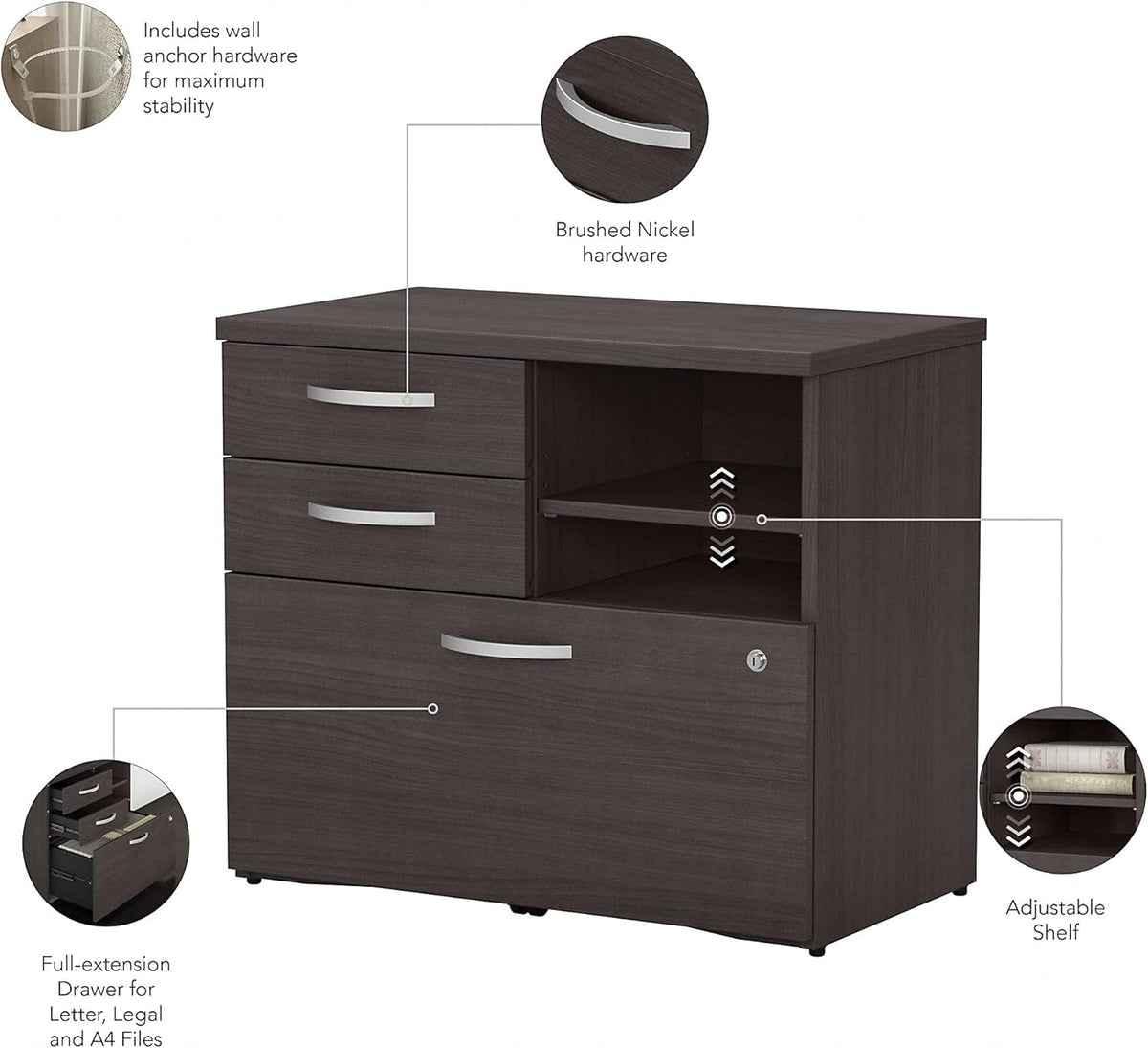 Storm Gray Office Storage Cabinet with Drawers and Shelves X2597