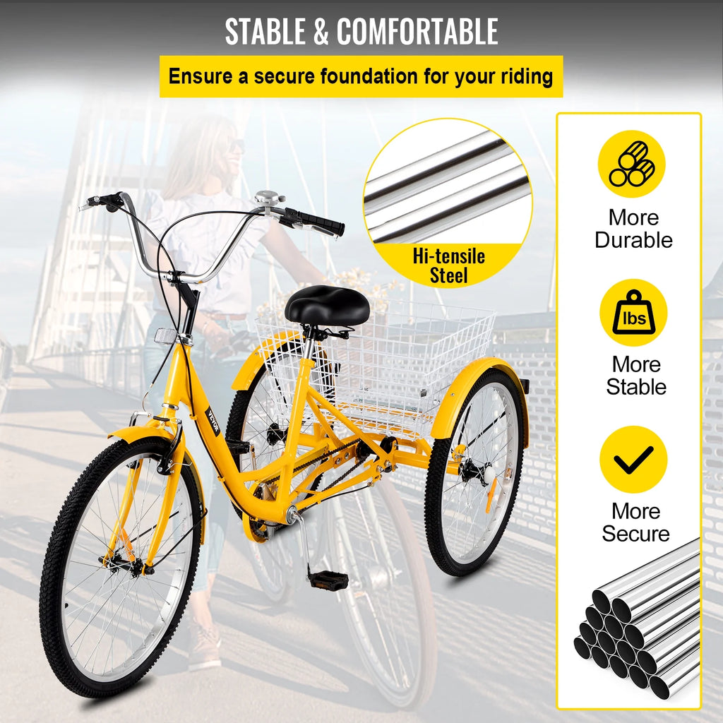 24 inch 1-Speed Yellow Adult Tricycle with Cargo Basket G363245