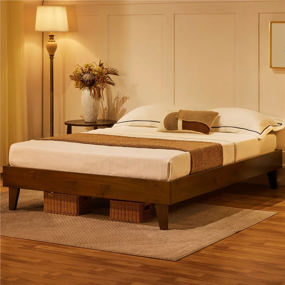 Queen Smoked Walnut Platform Bed Frame with Wood Slat Support T286